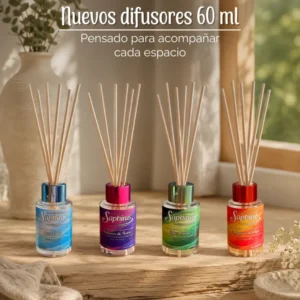 MINI DIFUSOR AROMATICO CON VARILLAS DE RATAN 60ML – VARIAS FRAGANCIAS – SAPHIRUS